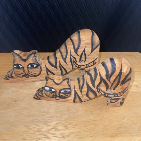 Hand-Carved Wooden Cat Figurines With Tiger Stripes - Picture 2 of 12